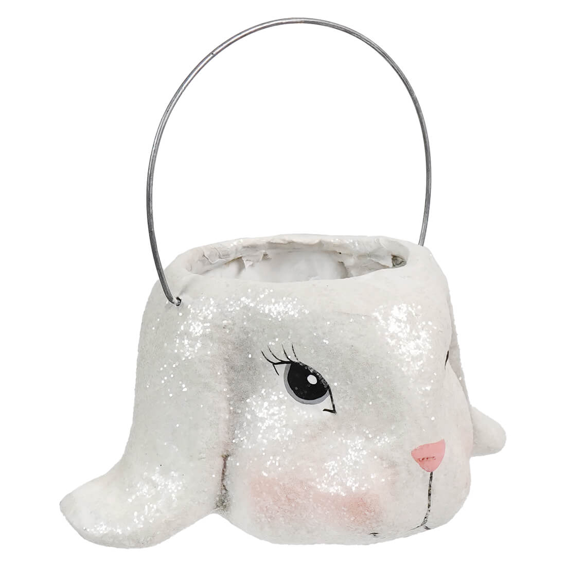 Small floppy ear bunny bucket is a white glittery bethany lowe vintage easter bunny figural decor with a silver handle and pink nose