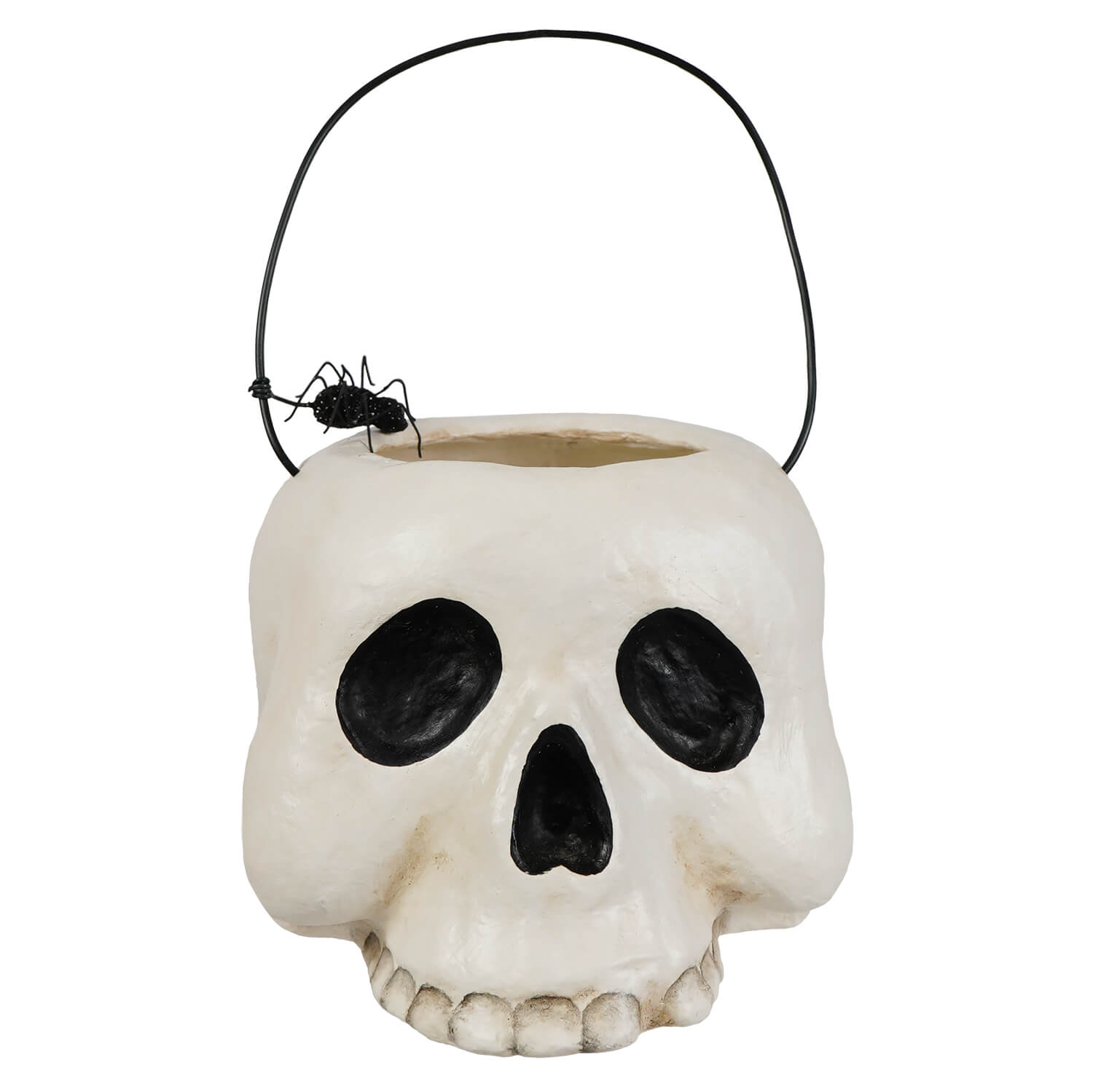 Small grim bucket halloween bucket shaped like a white skull with black details and a spider on a black wire handle