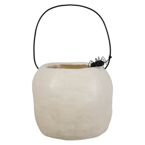 Small grim bucket off-white textured pumpkin halloween bucket with black wire handle and decorative black spider for trick or treat