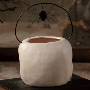 Small grim bucket white ceramic halloween bucket with black wire handle and dangling black spider ornament