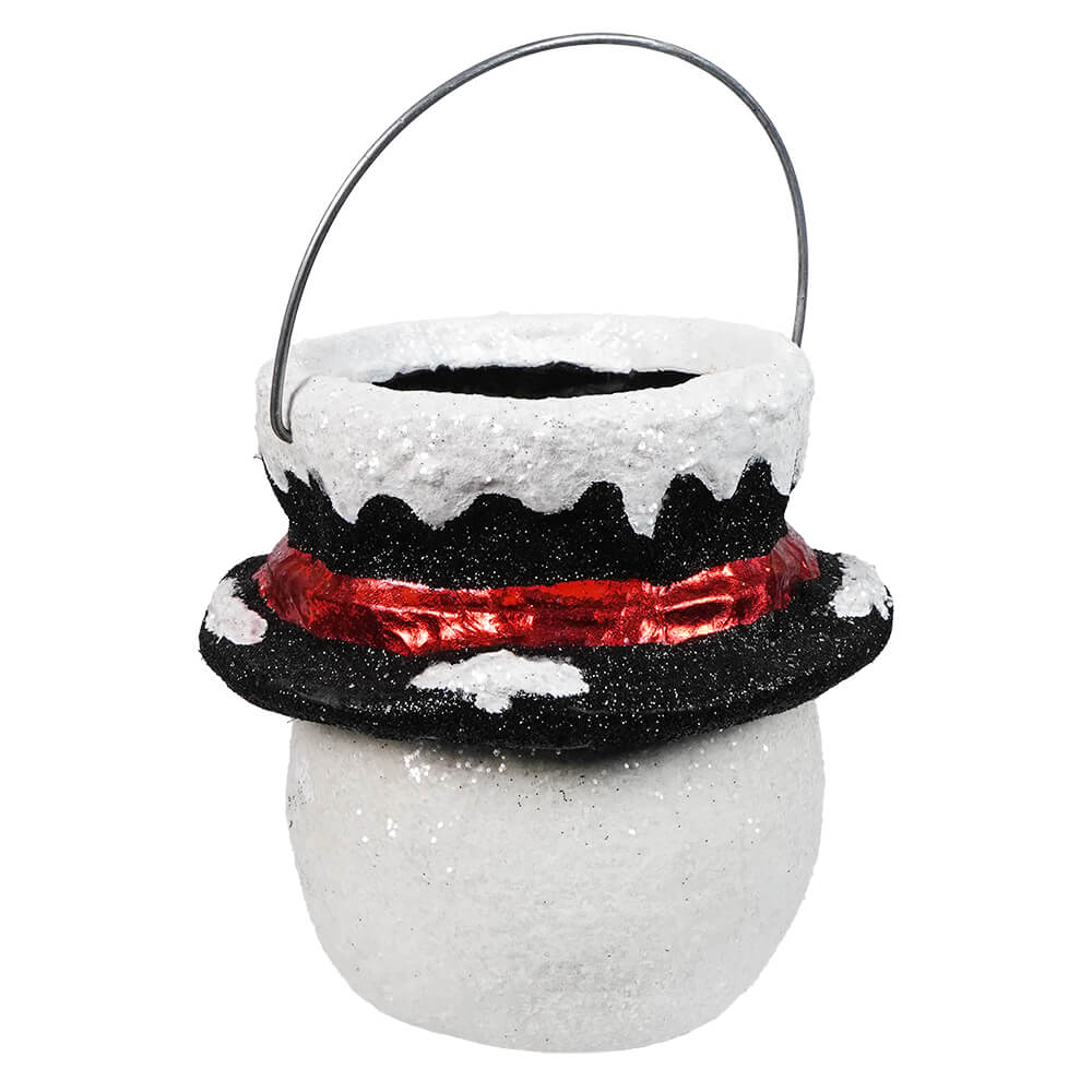 Small holly hat snowman decorative bucket by bethany lowe designs with white glitter and black top hat for christmas snowman decor