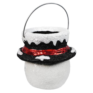 Small holly hat snowman decorative bucket by bethany lowe designs with white glitter and black top hat for christmas snowman decor