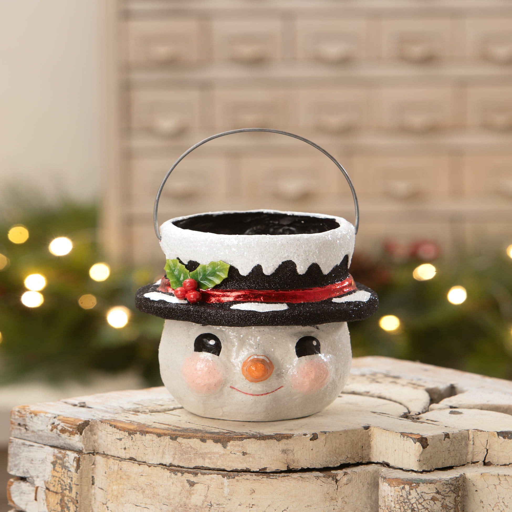 Small holly hat snowman pot by bethany lowe designs with white body black glitter hat and festive holly decoration