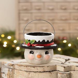 Small holly hat snowman pot by bethany lowe designs with white body black glitter hat and festive holly decoration
