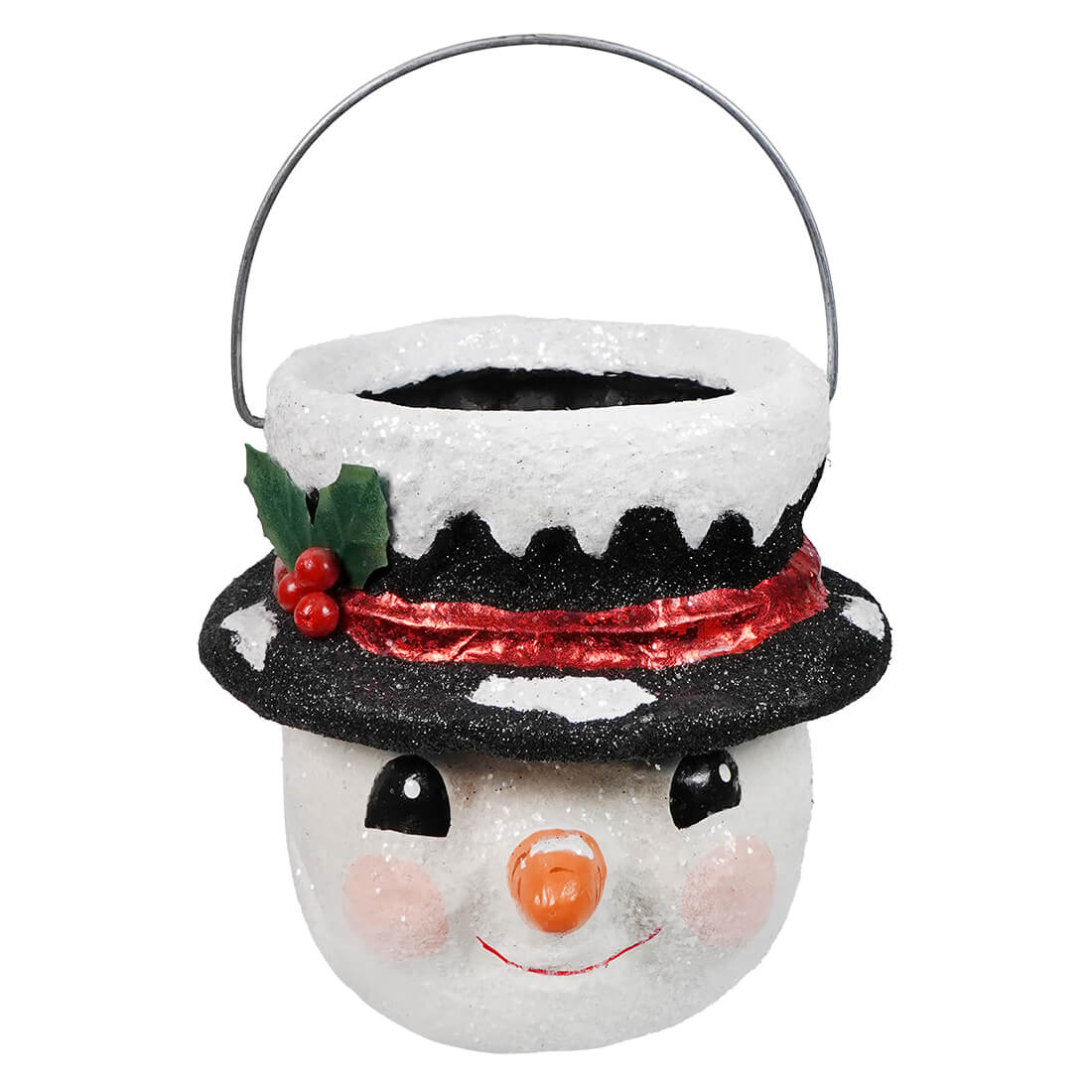 Small holly hat snowman candy bucket by bethany lowe designs white glittery with black hat and holly for christmas snowman figures & decor