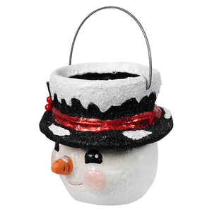 Small holly hat snowman candy bucket in white glitter with black top hat and orange carrot nose by bethany lowe designs christmas snowman figures & decor