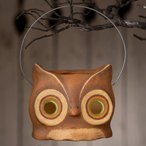 Small hootin owl bucket ceramic owl bucket with painted cream orange green eyes perfect for halloween buckets and lanterns
