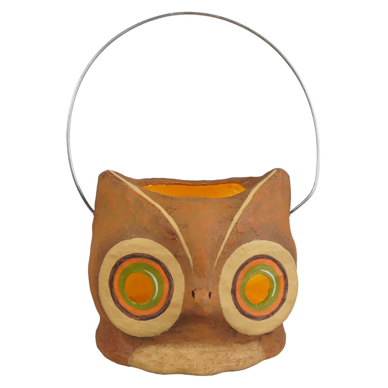 Brown ceramic owl bucket with metal handle and colorful eyes perfect for halloween buckets and lanterns