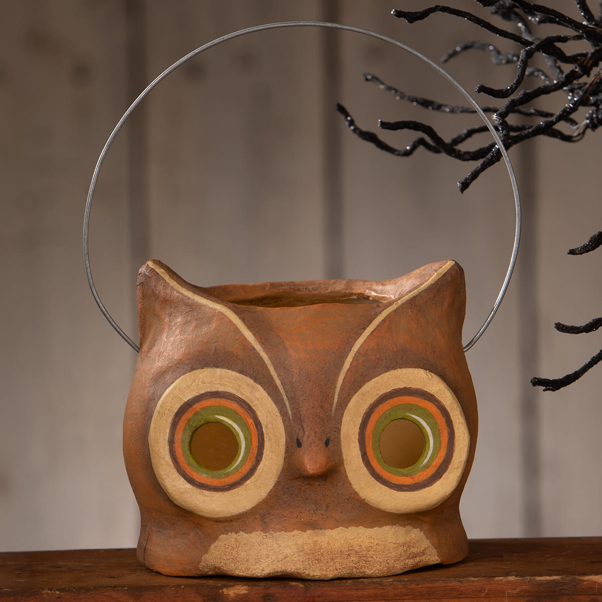 Small hootin owl bucket ceramic owl bucket with painted green orange and beige circles perfect for halloween buckets and lanterns