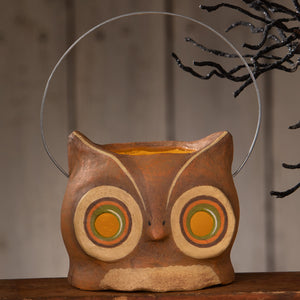 Brown ceramic owl bucket with painted orange green and beige circles around eyes perfect for halloween buckets and lanterns