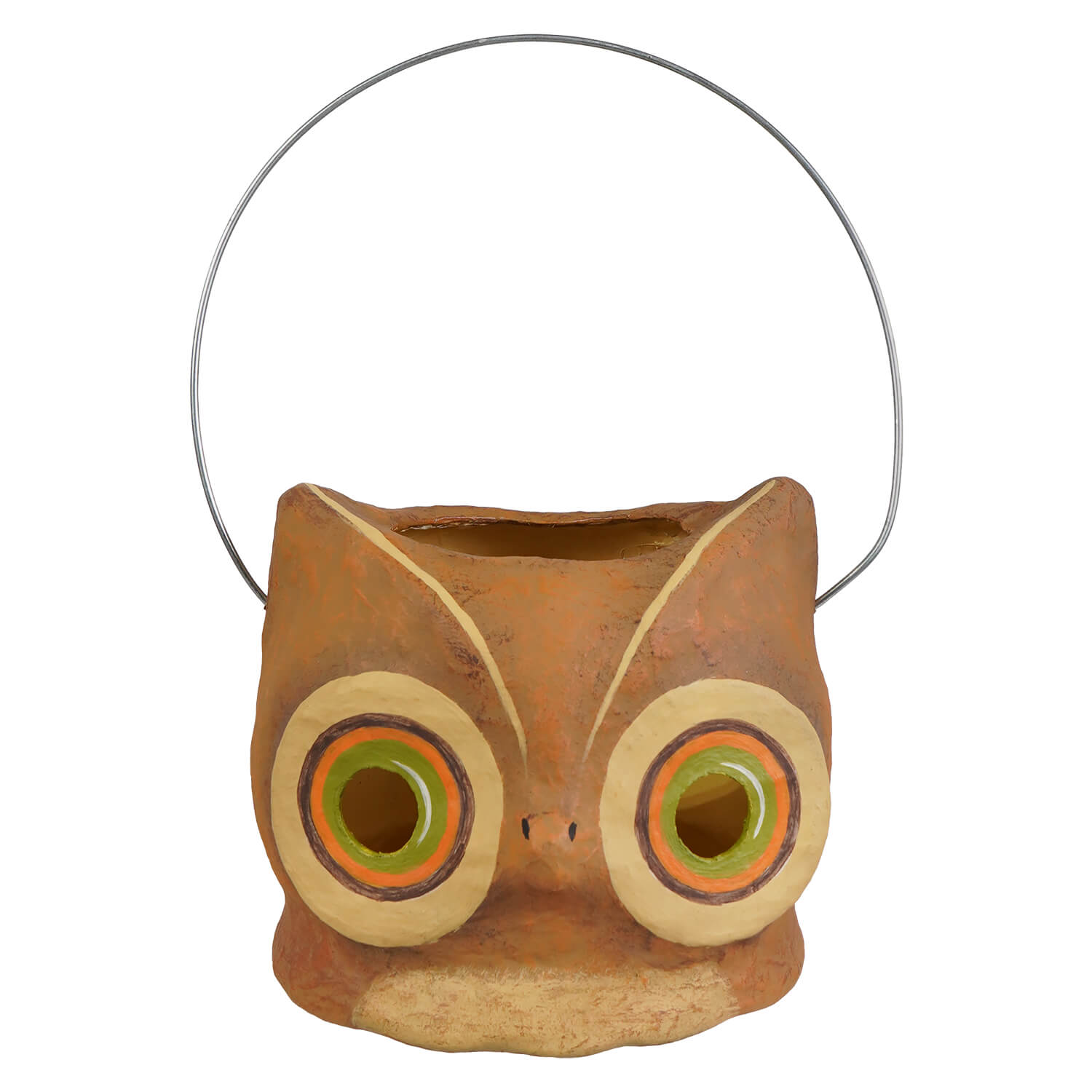 Small hootin owl bucket brown ceramic owl bucket with green orange eyes and silver wire handle perfect halloween buckets and lanterns