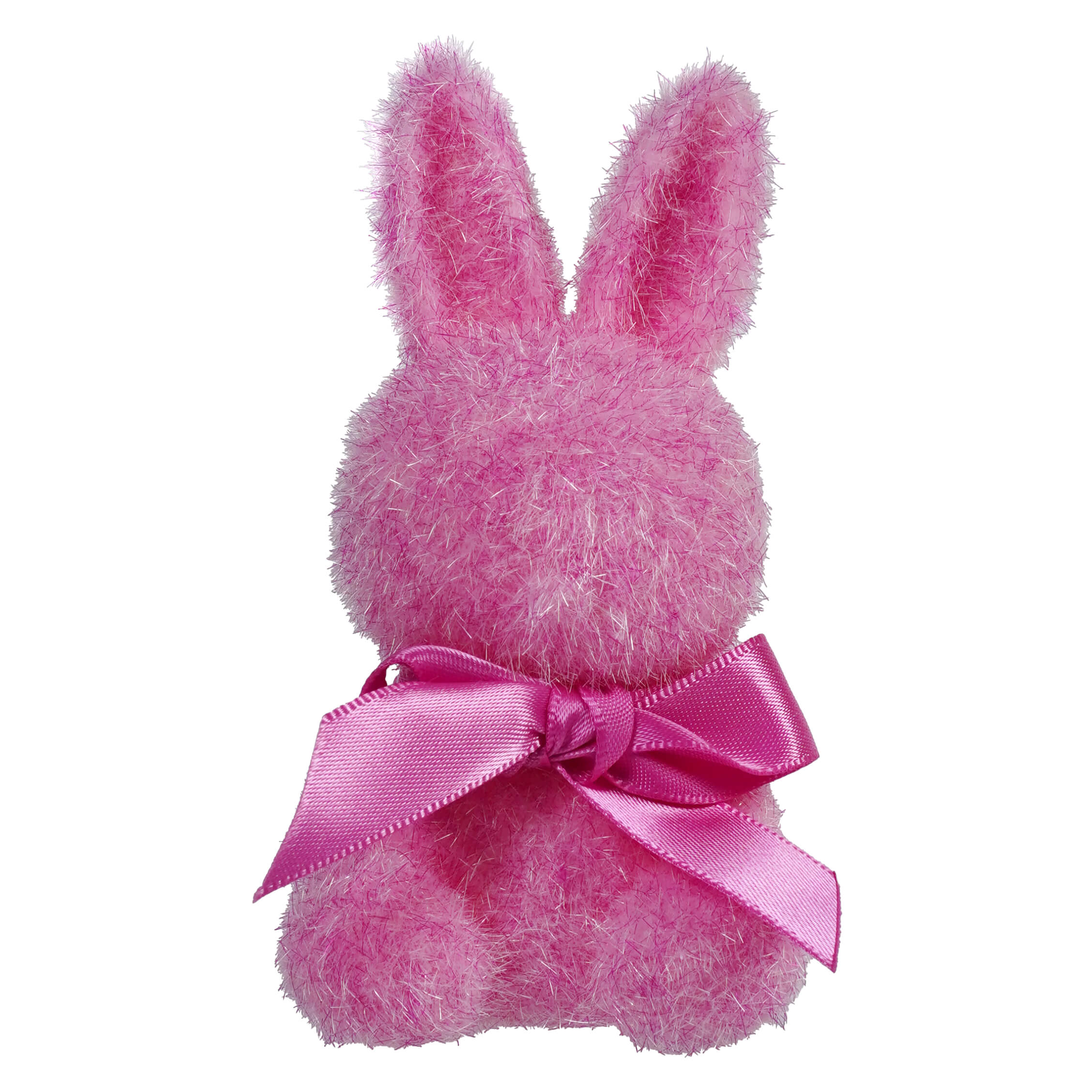 Pink fluffy bunny plush with a satin bow around its neck.