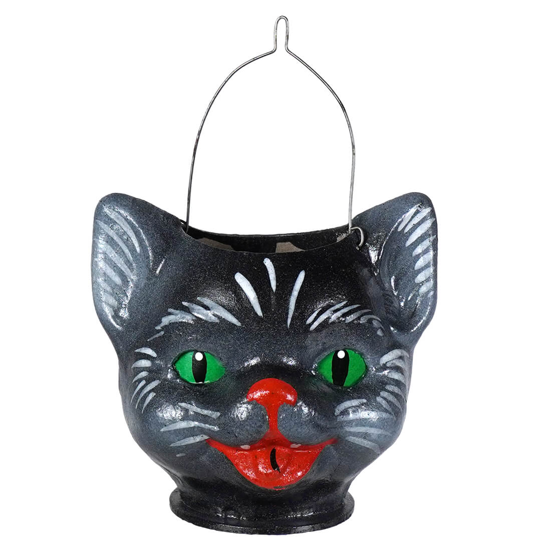 Small jack-o-lantern cat bucket in black with green eyes red nose white whiskers perfect for halloween treats