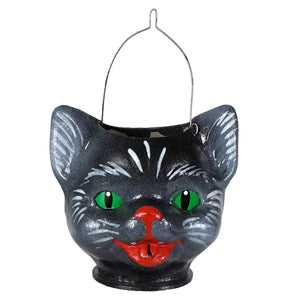 Small jack-o-lantern cat bucket in black with green eyes red nose white whiskers perfect for halloween treats