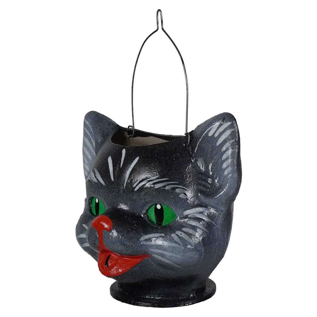 Small jack-o-lantern cat bucket featuring a black cat shape with green eyes red nose and painted halloween details
