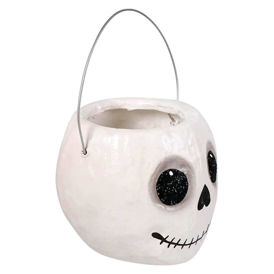 Small jolly skeleton bucket is a white ceramic halloween bucket with black glittery eyes and a silver wire handle perfect for halloween buckets and lanterns