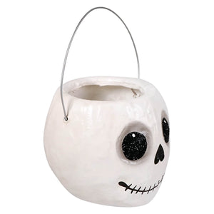 Small jolly skeleton bucket is a white ceramic halloween bucket with black glittery eyes and a silver wire handle perfect for halloween buckets and lanterns