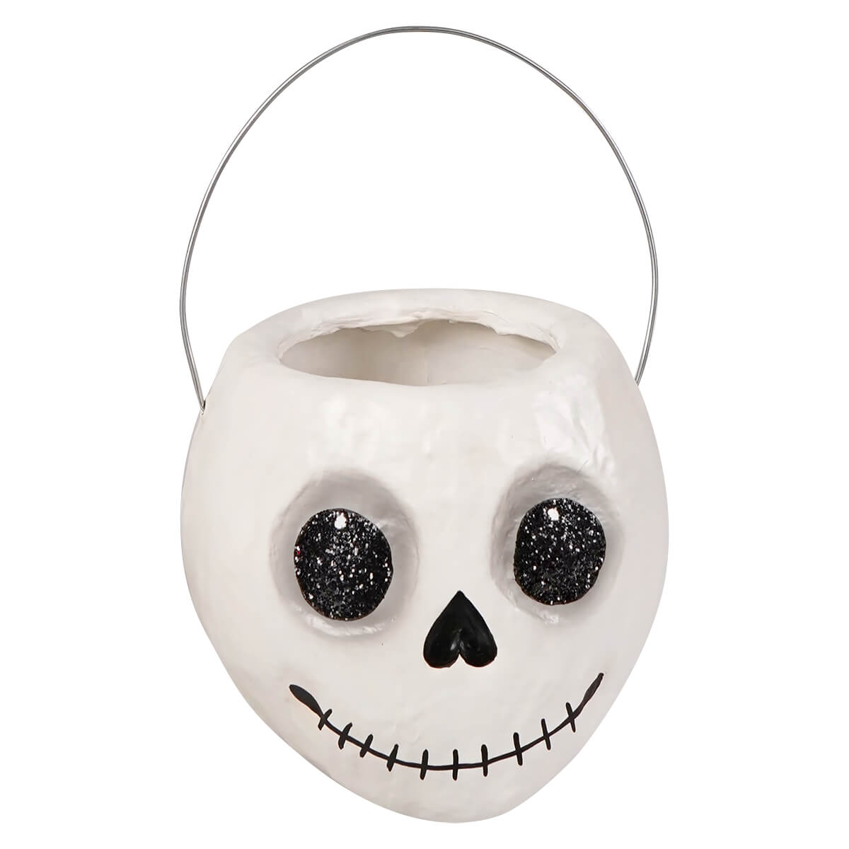 Small jolly skeleton bucket is a white ceramic halloween bucket with black glittery eyes and silver wire handle perfect for halloween buckets and lanterns