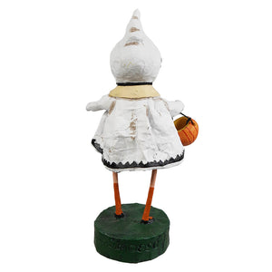 Small little boo white ghost figural decor with orange legs and pumpkin basket on green base by lori mitchell