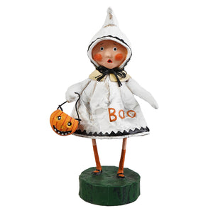 Small little boo white lori mitchell ghost figural decor with orange cheeks holding pumpkin basket for halloween fun