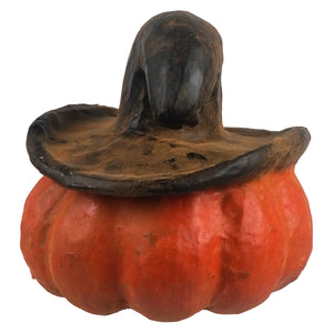 Small orange pumpkin jack-o-lantern container with dark weathered witch hat lid for halloween decor