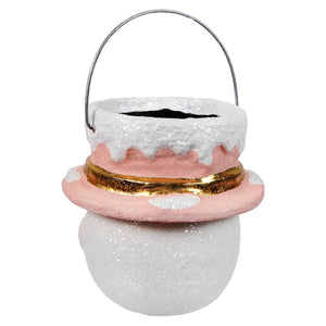 Small pastel holly hat snowman hanging pot by bethany lowe designs with glittery white pink body and gold band accents