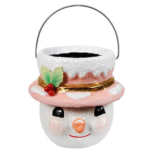 Small pastel holly hat snowman candy bucket with pink hat gold trim holly leaves by bethany lowe designs Christmas snowman decor