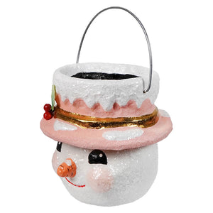 A bethany lowe designs small pastel holly hat snowman planter with glittery white body pink hat and christmas snowman decor