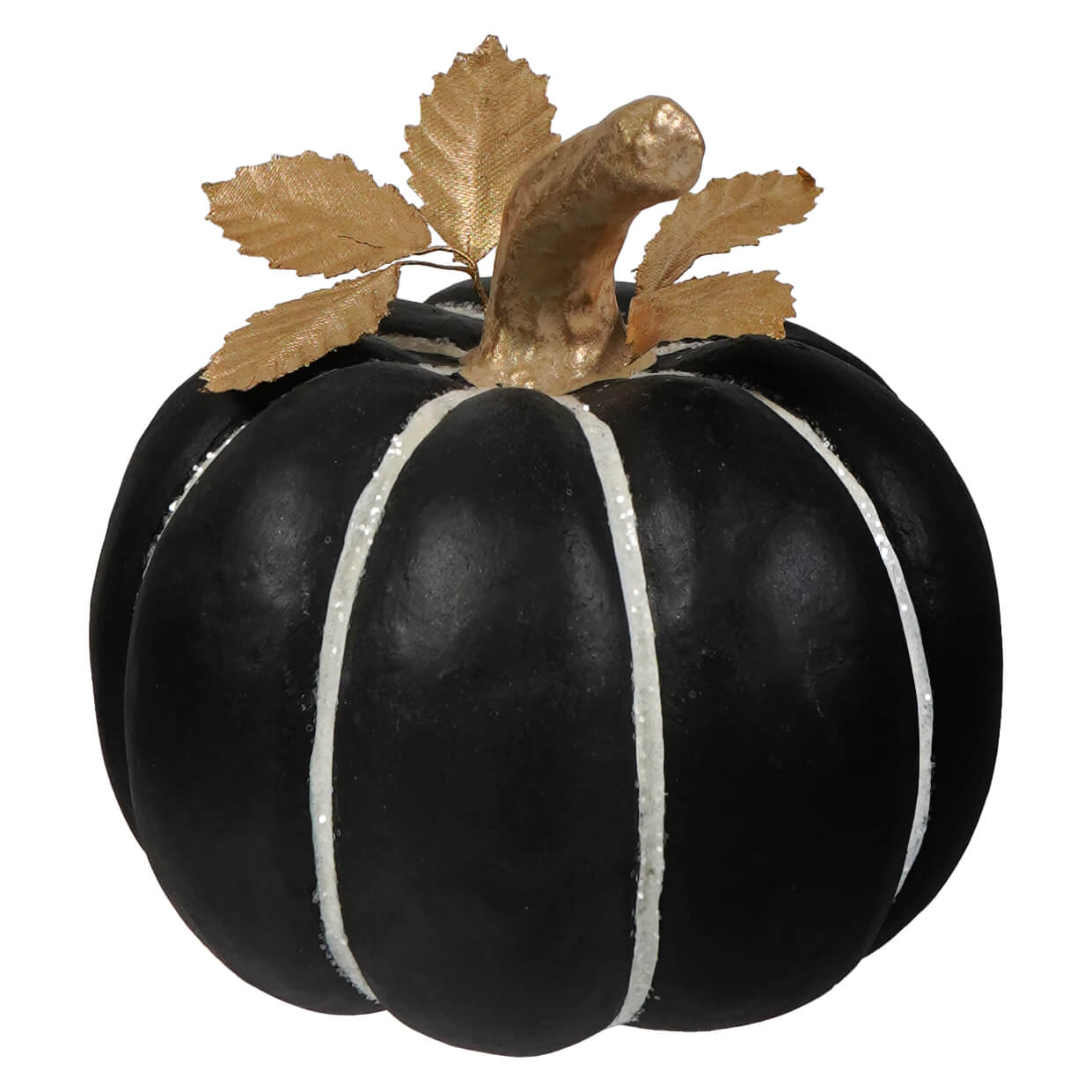 Small pinstripe pumpkin with black and white glitter stripes and gold leaf stem perfect for halloween pumpkins and gourds decor