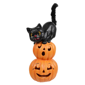 Small pumpkin stack black cat figurine with black cat on orange halloween pumpkins and gourds perfect for halloween cats decor