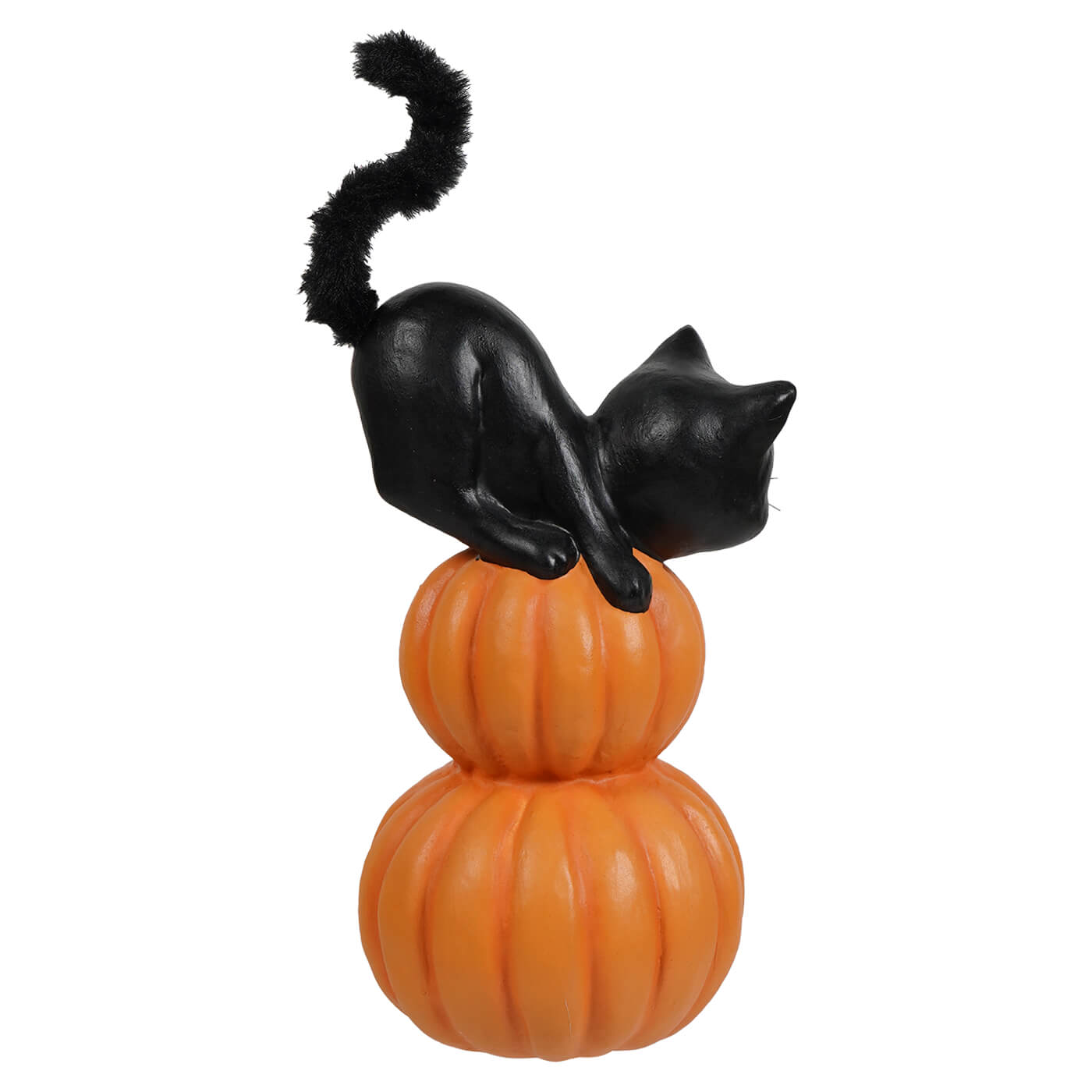 Small pumpkin stack black cat figurine with black halloween cat on orange halloween pumpkins and gourds display