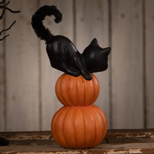 Small pumpkin stack black cat figurine with black halloween cats perched on two orange halloween pumpkins and gourds