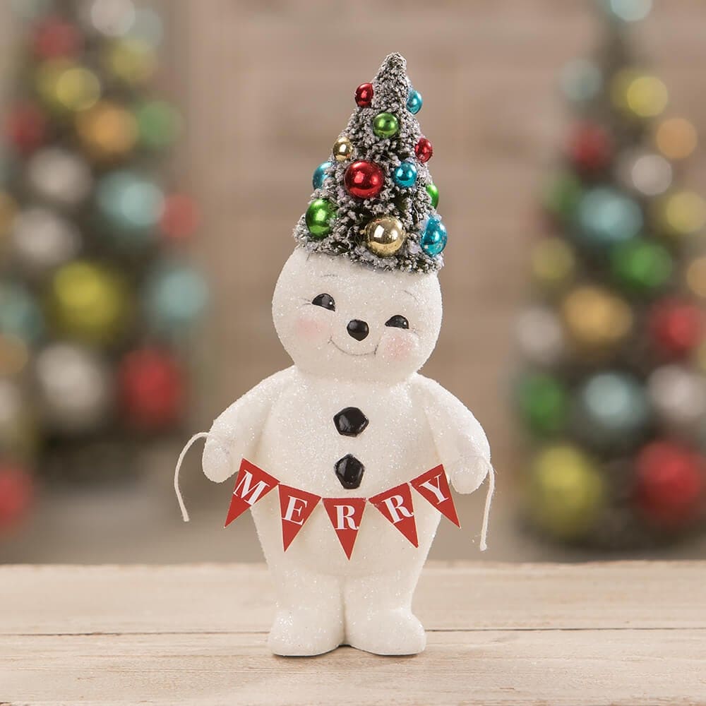 Small Retro Merry Snowman With Tree