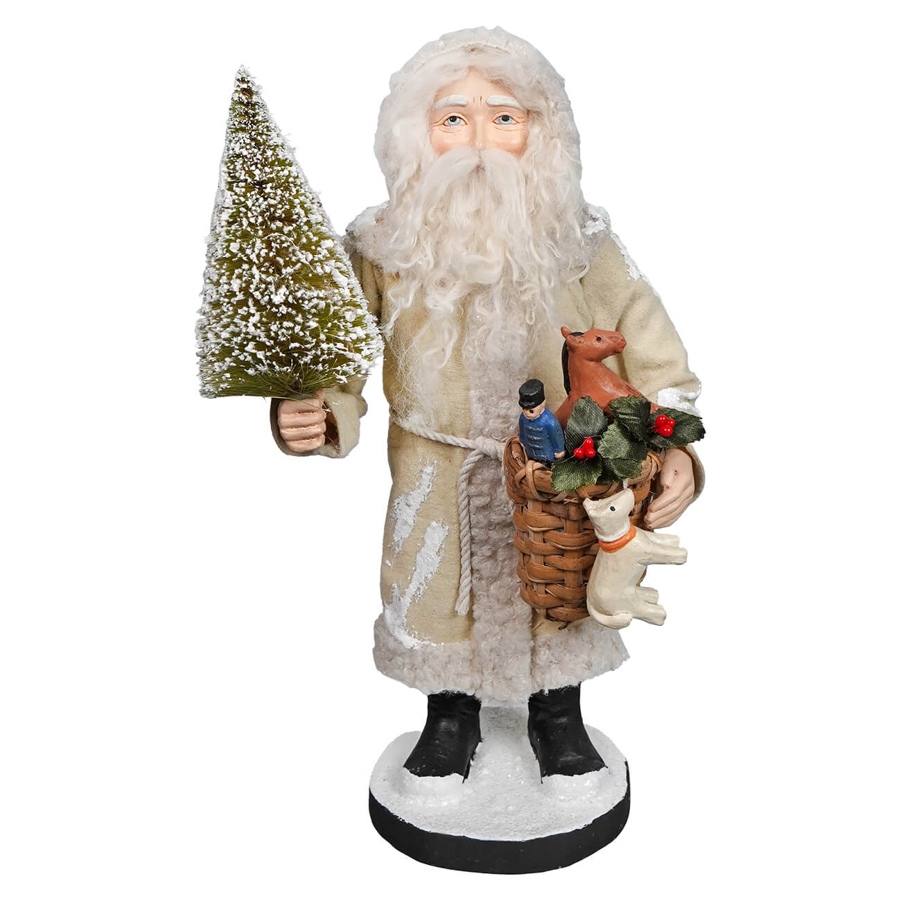 Small santa figurine by bethany lowe designs in cream coat holding frosted tree and basket with miniature animals