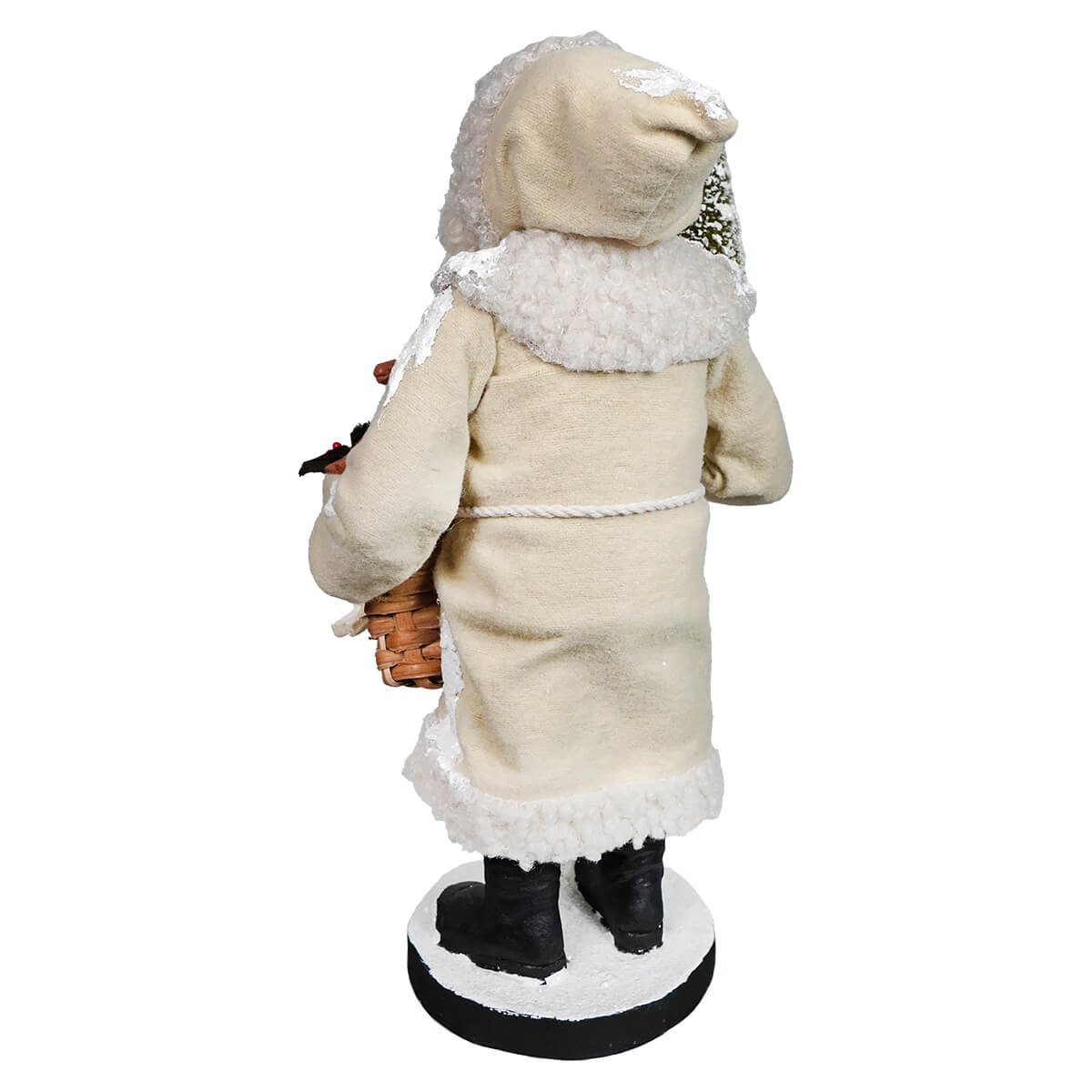 Cream-colored plush small santa with white fur trim black boots on circular base from bethany lowe designs santa figures