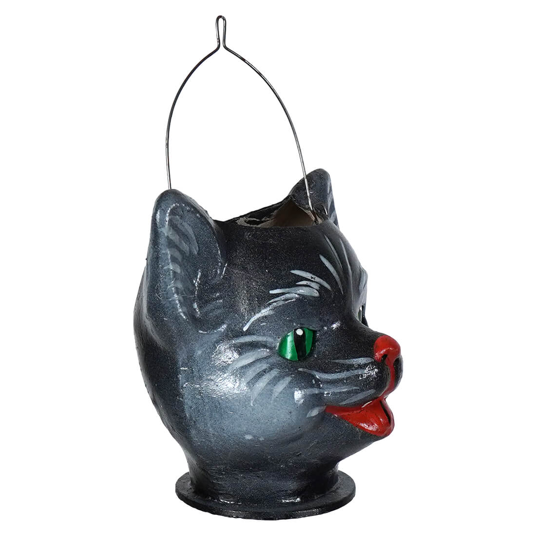 Small smiling jack-o-lantern cat bucket black with green eyes red nose and wire handle for halloween treats
