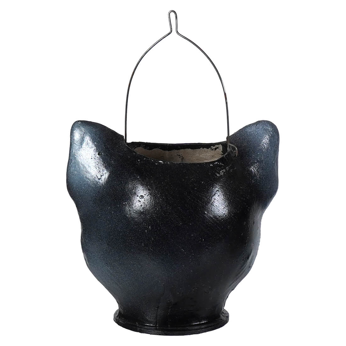Small smiling jack-o-lantern cat bucket in black ceramic with wire handle perfect for halloween treats