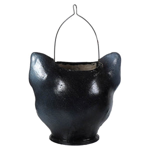 Small smiling jack-o-lantern cat bucket in black ceramic with wire handle perfect for halloween treats