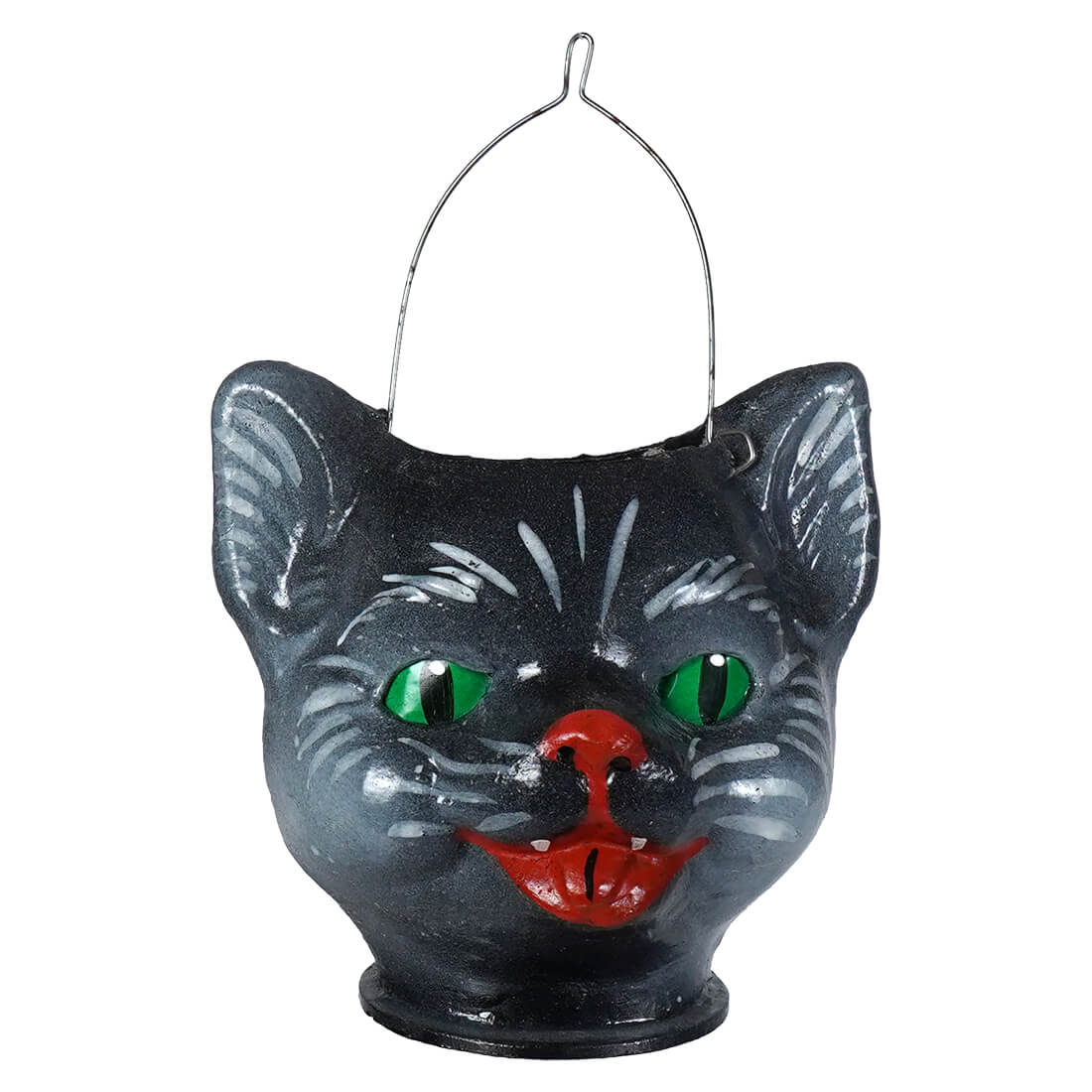 Small smiling jack-o-lantern cat bucket black with green eyes red nose glossy painted details perfect for halloween