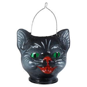 Small smiling jack-o-lantern cat bucket black with green eyes red nose glossy painted details perfect for halloween