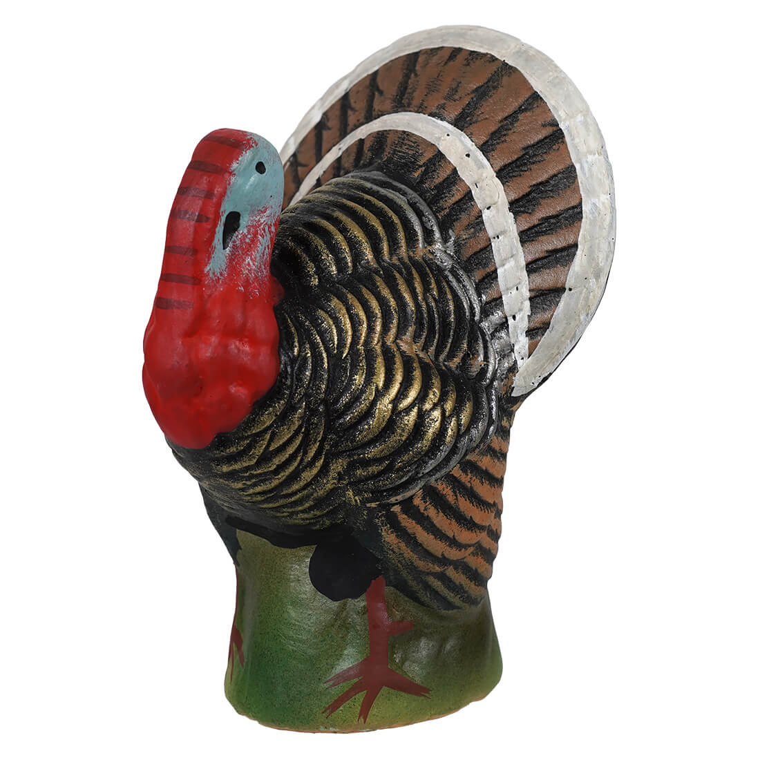 Small vintage turkey cachette ceramic decoy with red head, black and gold feathers, white tips, and green base perfect for thanksgiving turkeys