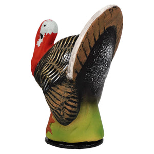 Small vintage turkey cachette painted decoy with red head white face striped body and fanned tail for thanksgiving turkeys
