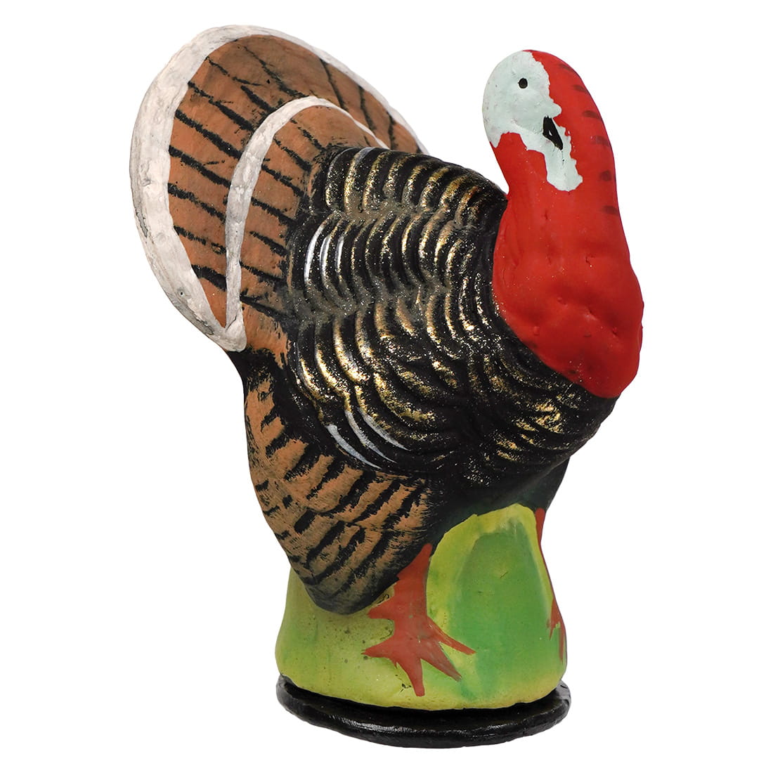 A hand-painted small vintage turkey cachette with a vibrant red head and black gold feathers on a green base