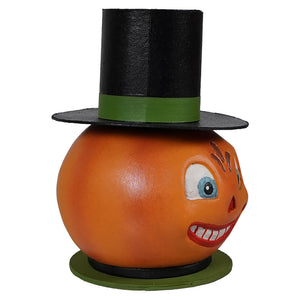 Orange pumpkin-shaped smiling pumpkin container with a black top hat and green band perfect for jack o lanterns decor
