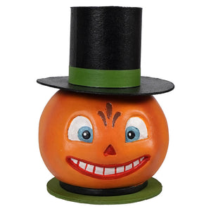Orange smiling pumpkin container with a black top hat resembling classic jack o lanterns for halloween decor