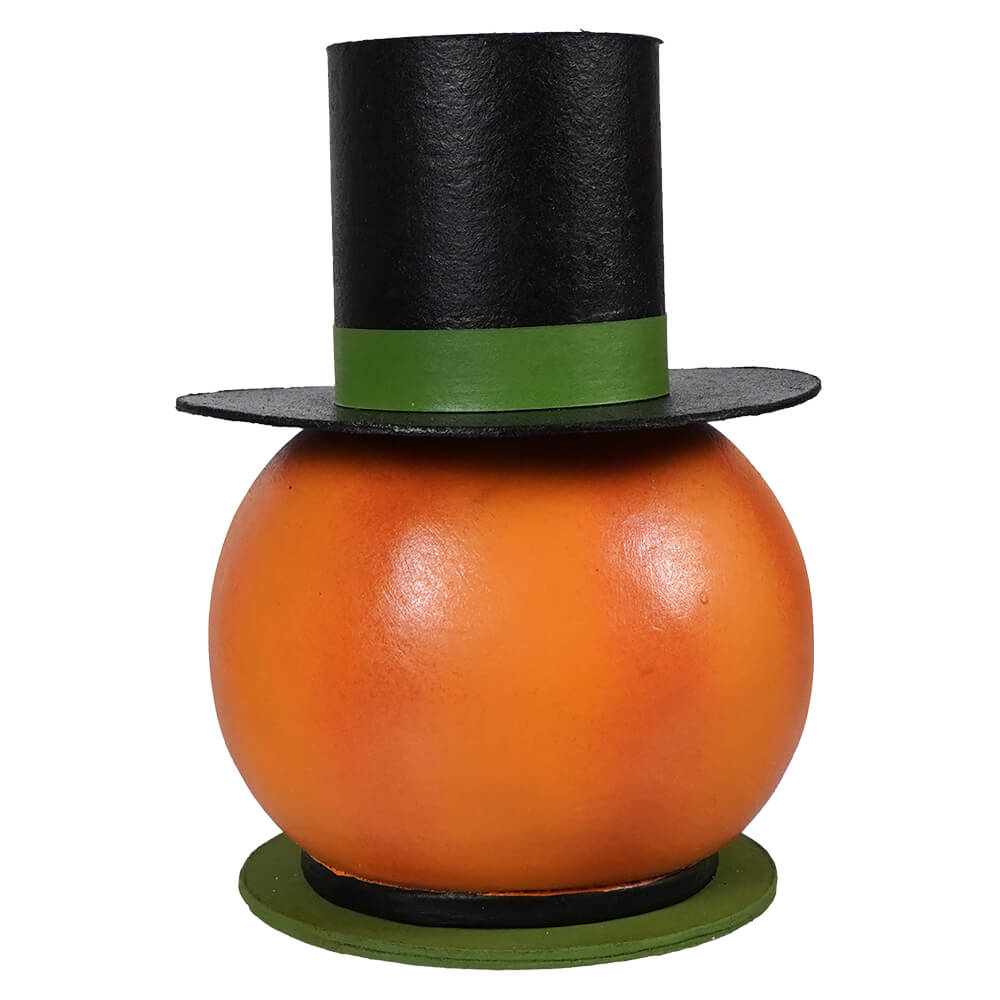 Orange smiling pumpkin container shaped like a jack o lantern with a black top hat and green band centerpiece
