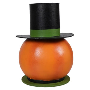 Orange smiling pumpkin container shaped like a jack o lantern with a black top hat and green band centerpiece