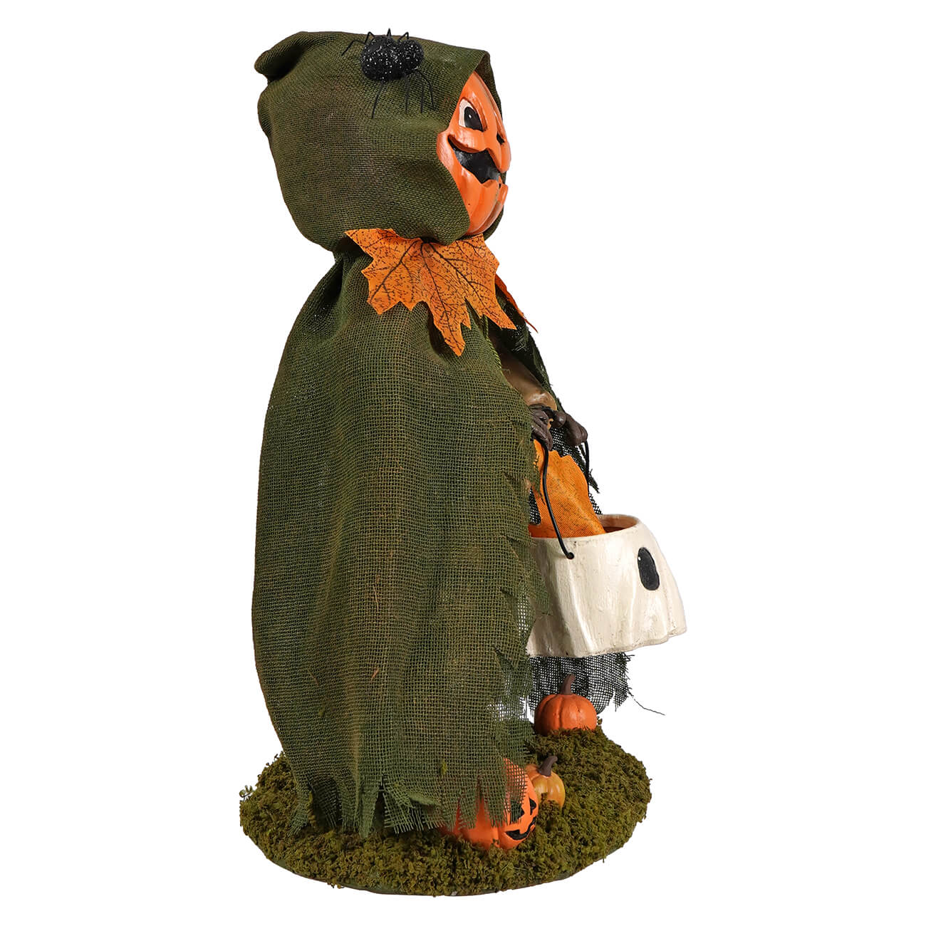 Smiling susie pumpkin halloween scarecrow figurine with orange pumpkin face and green burlap hood by bethany lowe