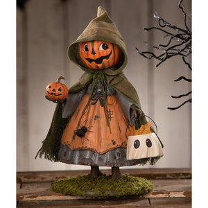 Smiling susie pumpkin figurine by bethany lowe with orange pumpkin head green cloak holding jack-o-lantern and ghost bag