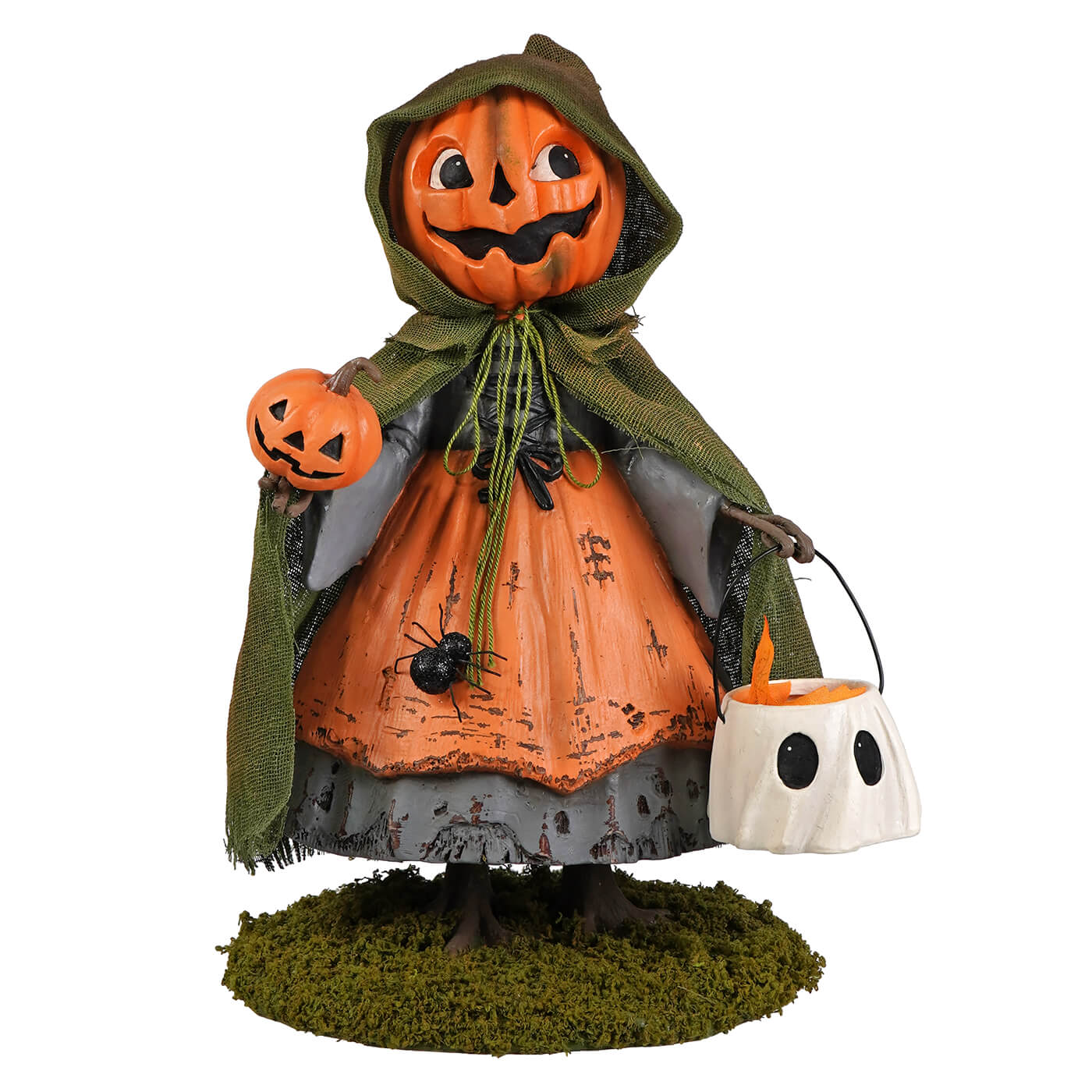 Smiling susie pumpkin figurine by bethany lowe with orange pumpkin head green hood holding jack-o-lantern and ghost lantern